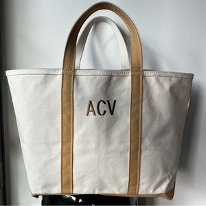 LL BEAN Boat And Tote Bag Large Ivory Khaki Top Zipper Travel Beach Monogram ACV